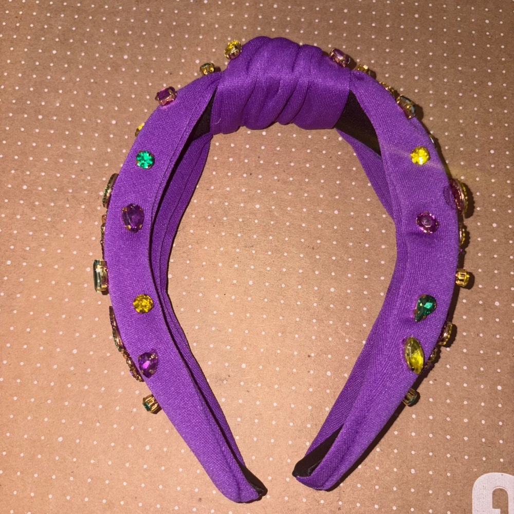 Mardi Gras Fleur De Lis Crown Mask Headband for Women - Purple Jeweled Rhineston - Picture 4 of 6